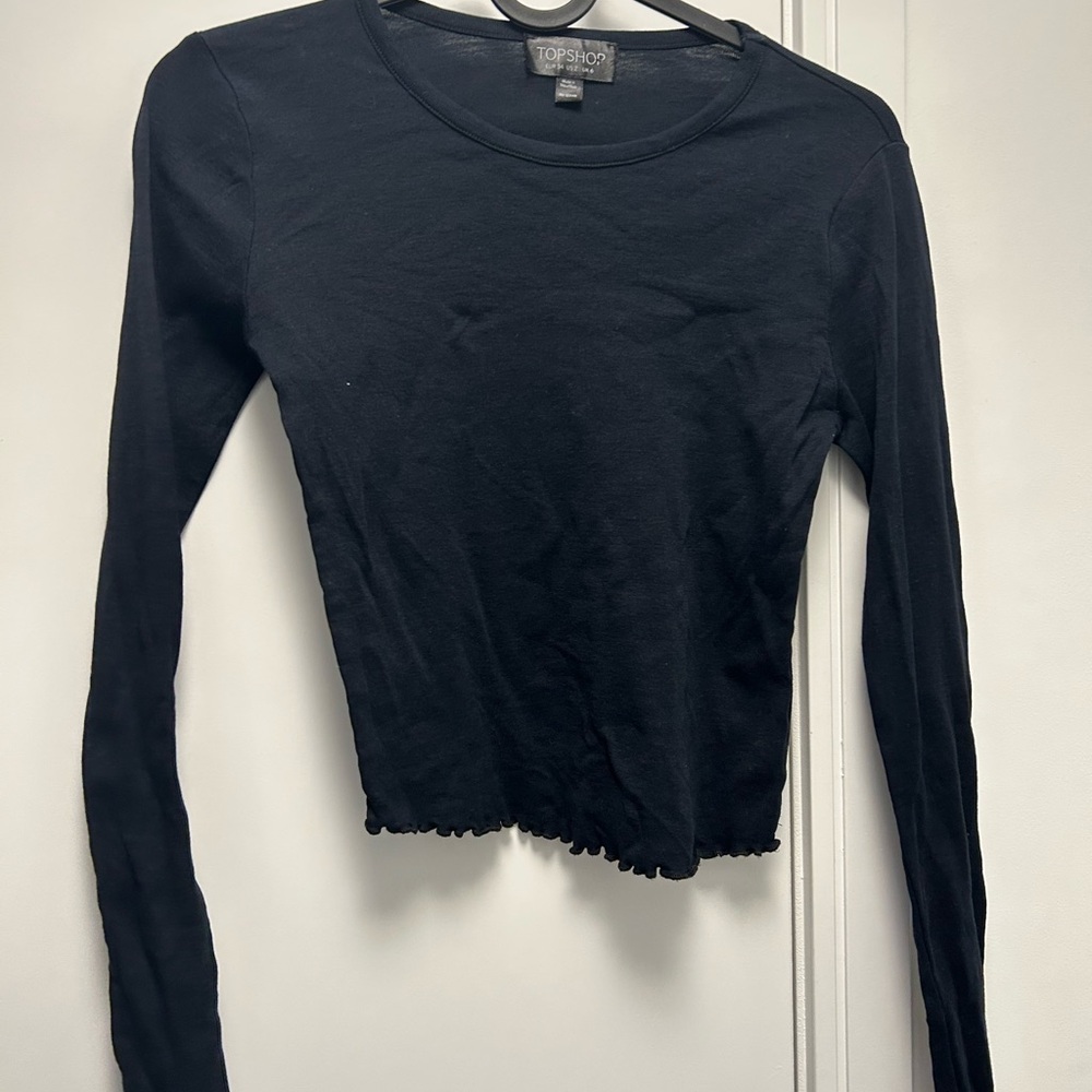 Topshop Classic Black Long Sleeve Tee with frill hem
